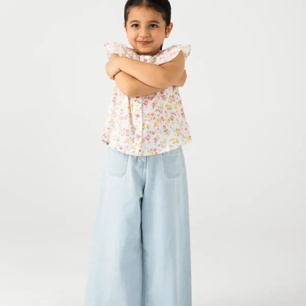 White Cotton Floral Button Top
