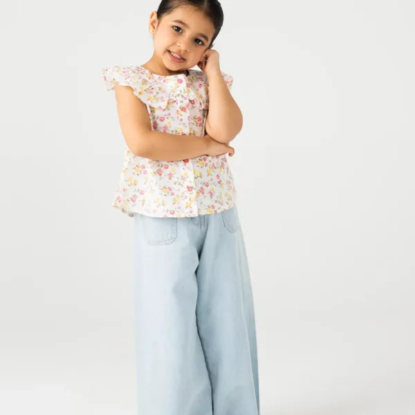 White Cotton Floral Button Top