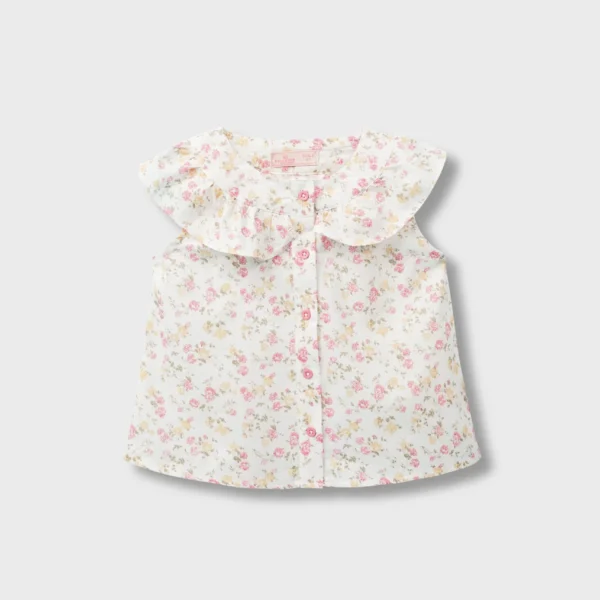 White Cotton Floral Button Top
