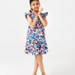 Blue Floral Frill Cotton Dress