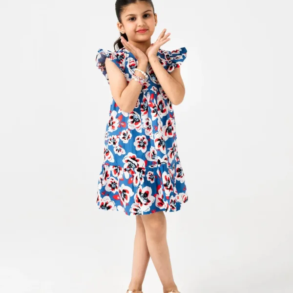 Blue Floral Frill Cotton Dress
