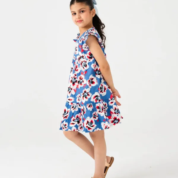 Blue Floral Frill Cotton Dress