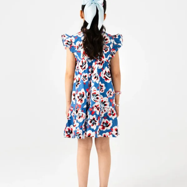 Blue Floral Frill Cotton Dress