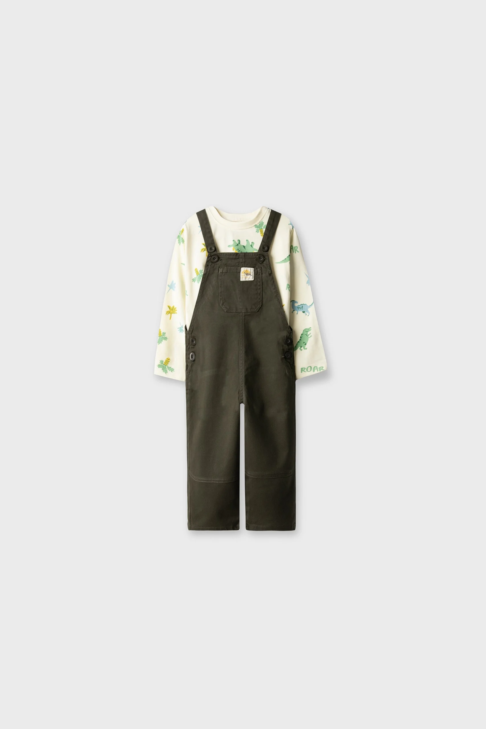 Boys Olive Dinosaur Dungaree Set